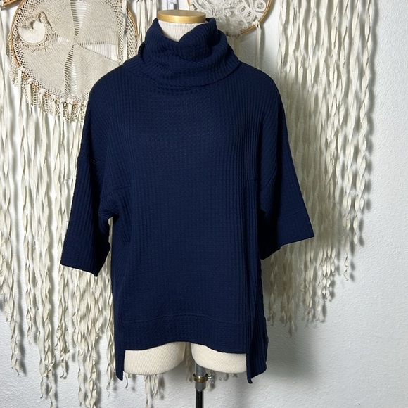 Sympli Navy Waffle Knit Viscose Blend Short Sleeve Turtleneck Tunic Size 6 - Picture 1 of 9